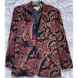 Alfred Dunner Petite Size 8 Long Sleeve Black Blazer Paisley Print Shoulder Pad